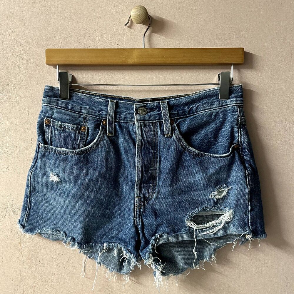 Levi's 501 Medium Wash-Blue Distressed Denim Cut-Off Shorts Size 26 EUC